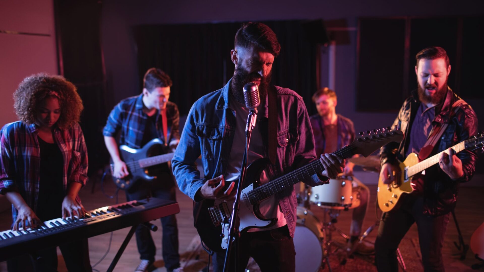 Band performing in recording studio